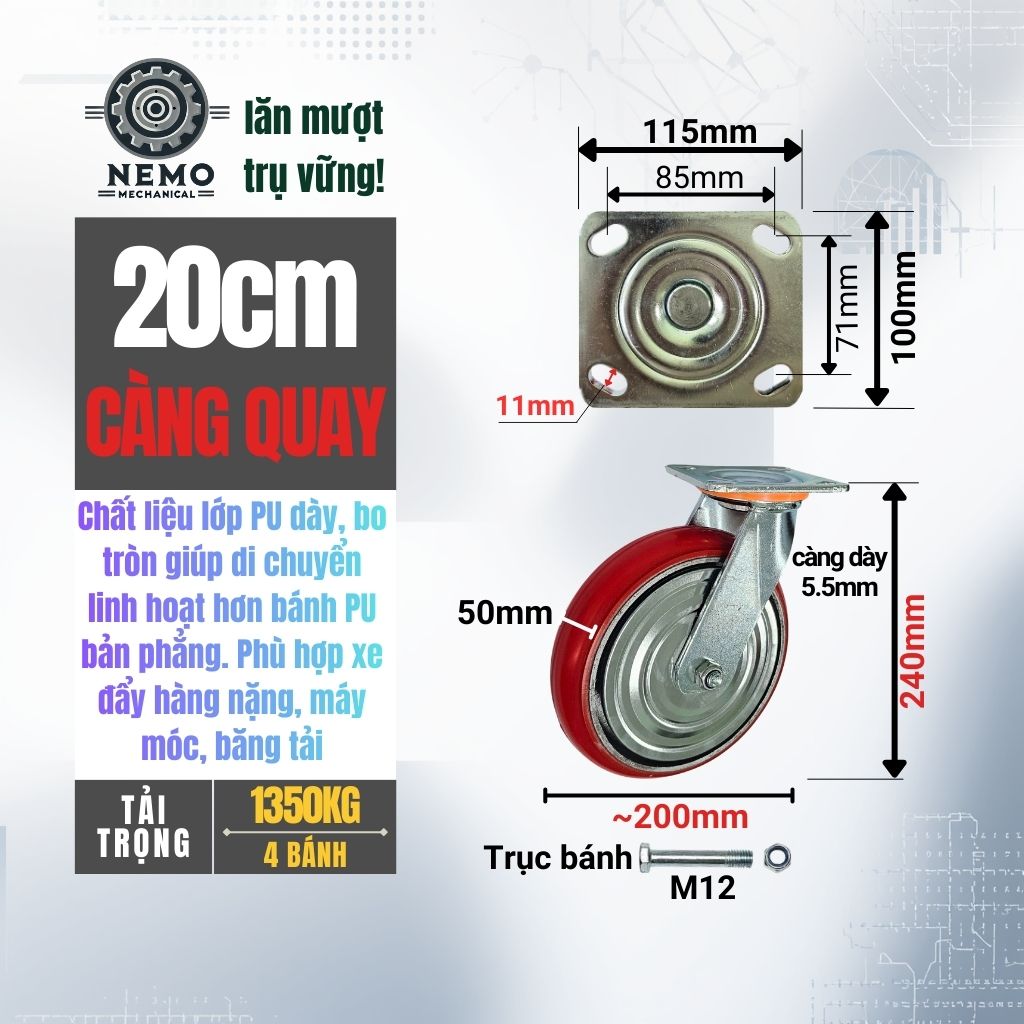 Bánh Xe PU Bo Tròn Tải Nặng – Kiểu Hàn Quốc, Xoay Hướng Linh Hoạt (D100 - D200)